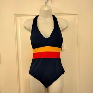 Liz Claiborne Navy Blue Pink Yellow Band One Piece Swimsuit Women size 8